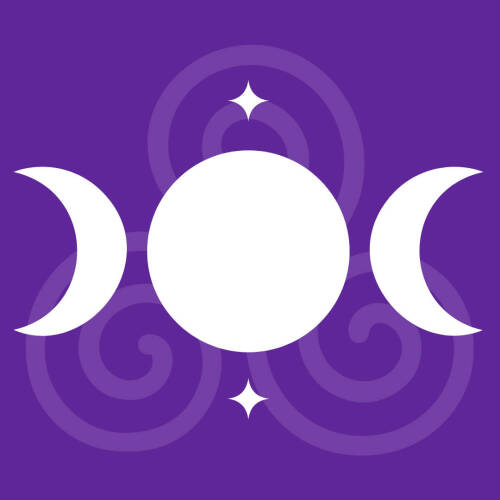 A purple background with a pagan spiral and the three phases of the moon, a common symbol for Wicca.